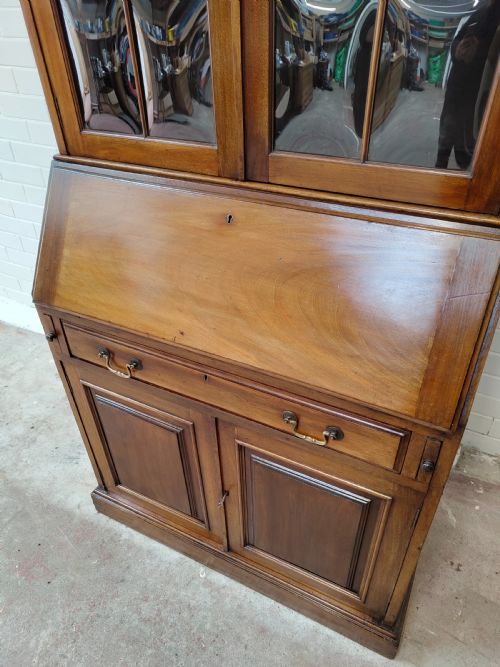 ANTIQUE EDWARDIAN SOLID WALNUT WRITING BUREAU BOOKCASE - ADDITIONAL PHOTO 4