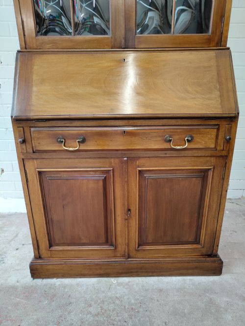 ANTIQUE EDWARDIAN SOLID WALNUT WRITING BUREAU BOOKCASE - ADDITIONAL PHOTO 12