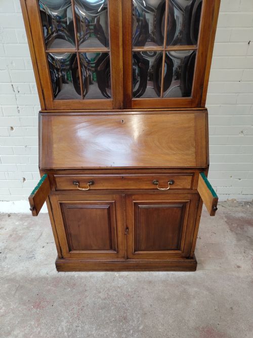 ANTIQUE EDWARDIAN SOLID WALNUT WRITING BUREAU BOOKCASE - ADDITIONAL PHOTO 14