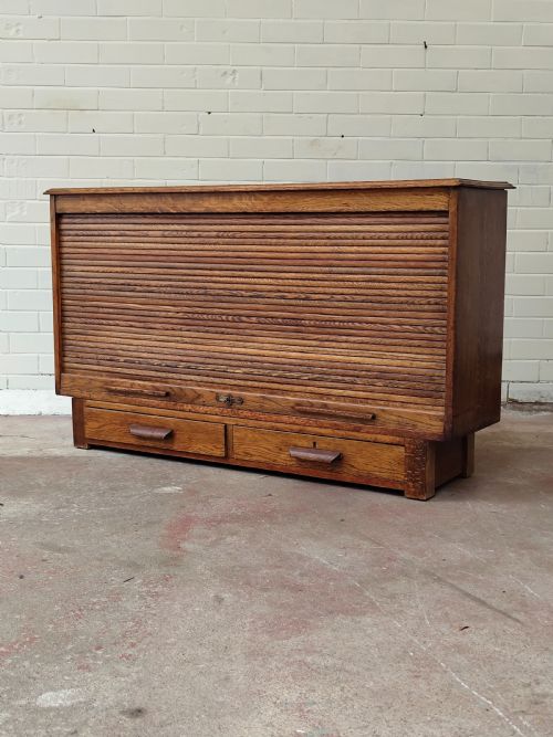 antique edwardian tambour roll front storage cupboard sideboard - CATEGORY: ANTIQUE CUPBOARDS - DATED EDWARDIAN