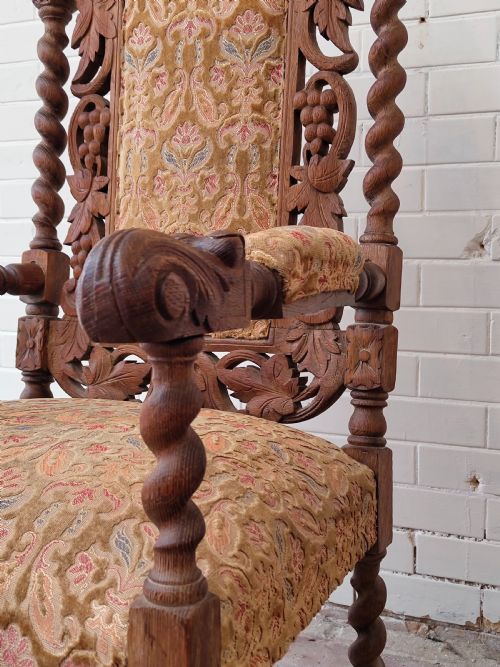 CARVED OAK CAROLEAN STYLE THRONE ARM CHAIR - ADDITIONAL PHOTO 1