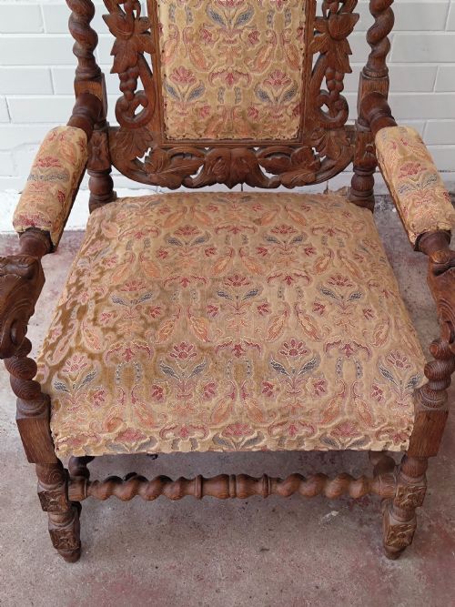 CARVED OAK CAROLEAN STYLE THRONE ARM CHAIR - ADDITIONAL PHOTO 10