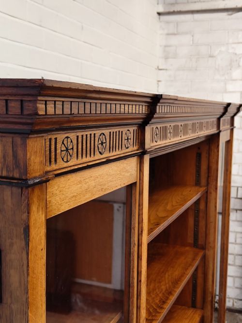ANTIQUE VICTORIAN AESTHETIC MOVEMENT LARGE SOLID GOLDEN OAK FREE STANDING OPEN GLAZED ADJUSTABLE BOOKCASE - ADDITIONAL PHOTO 21