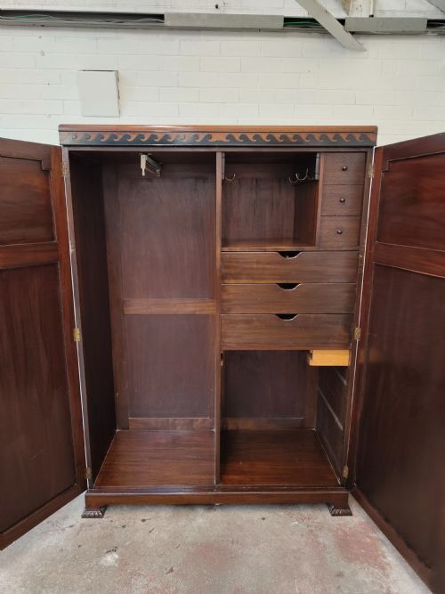 ANTIQUE ART DECO SOLID MAHOGANY DOUBLE DWARF WARDROBE ARMOIRE COMPACTUM - ADDITIONAL PHOTO 11
