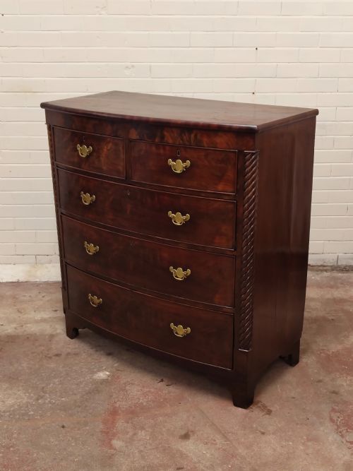 ANTIQUE WILLIAM IV REGENCY BURR MAHOGANY COUNTRY HOUSE BOW FRONT CHEST OF DRAWERS - ADDITIONAL PHOTO 12