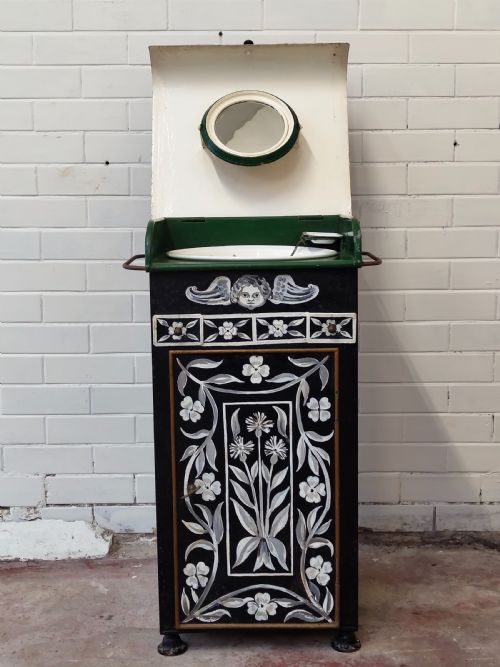 ANTIQUE BELLE EPOQUE ERA FRENCH HAND PAINTED TOLEWARE VANITY STAND - ADDITIONAL PHOTO 18