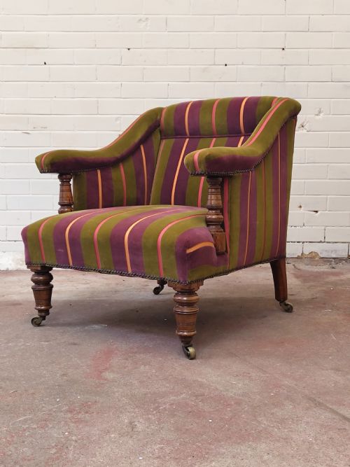antique victorian walnut library fireside easy low armchair - CATEGORY: ANTIQUE CHAIRS - DATED VICTORIAN