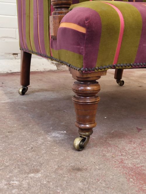 ANTIQUE VICTORIAN WALNUT LIBRARY FIRESIDE EASY LOW ARMCHAIR - ADDITIONAL PHOTO 4