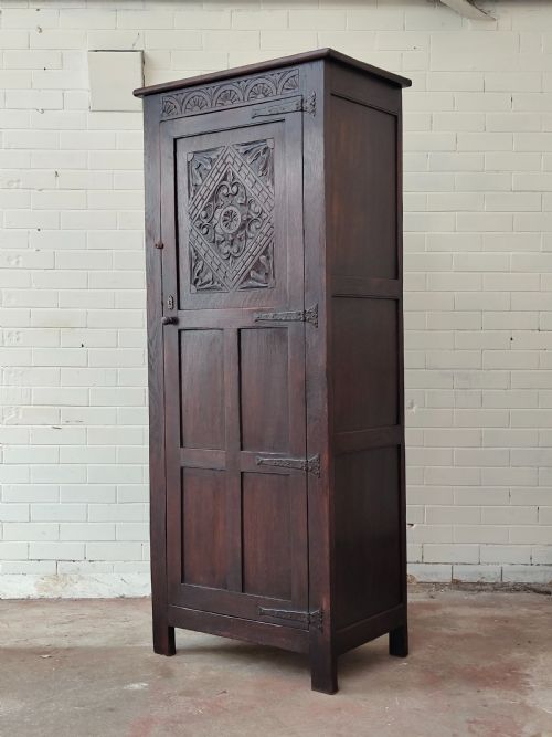 antique solid carved oak geometric single hall wardrobe armoire compactum - CATEGORY: ANTIQUE CUPBOARDS - DATED 1930