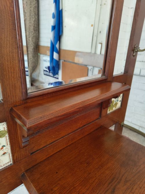 ANTIQUE EDWARDIAN SOLID OAK BRASS TILED HALL COAT STAND - ADDITIONAL PHOTO 3