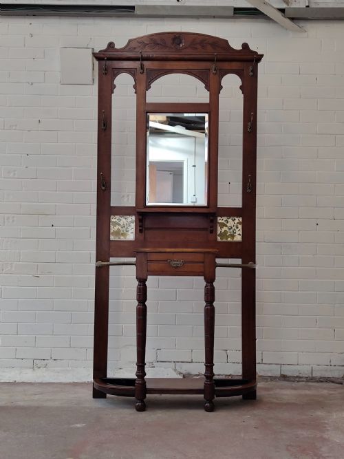 ANTIQUE EDWARDIAN SOLID OAK BRASS TILED HALL COAT STAND - ADDITIONAL PHOTO 5