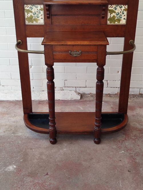 ANTIQUE EDWARDIAN SOLID OAK BRASS TILED HALL COAT STAND - ADDITIONAL PHOTO 6