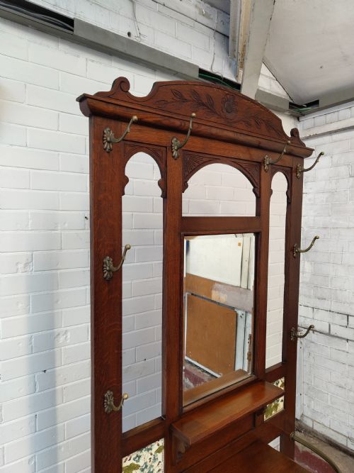ANTIQUE EDWARDIAN SOLID OAK BRASS TILED HALL COAT STAND - ADDITIONAL PHOTO 12