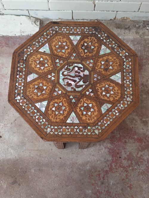 ANTIQUE VICTORIAN LIBERTY CO HEXAGONAL INLAID MOORISH SYRIAN SIDE TABLE - ADDITIONAL PHOTO 3