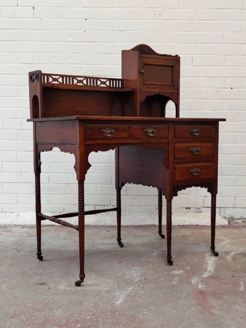 ANTIQUE EDWARDIAN MAHOGANY INLAID LEATHER LADIES WRITING DESK - ADDITIONAL PHOTO 11