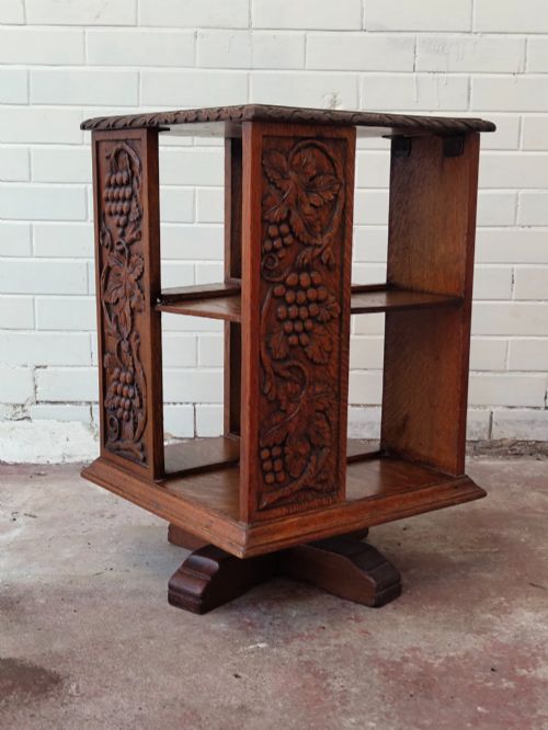 ANTIQUE VICTORIAN CARVED GOLDEN OAK REVOLVING BOOKCASE - ADDITIONAL PHOTO 2
