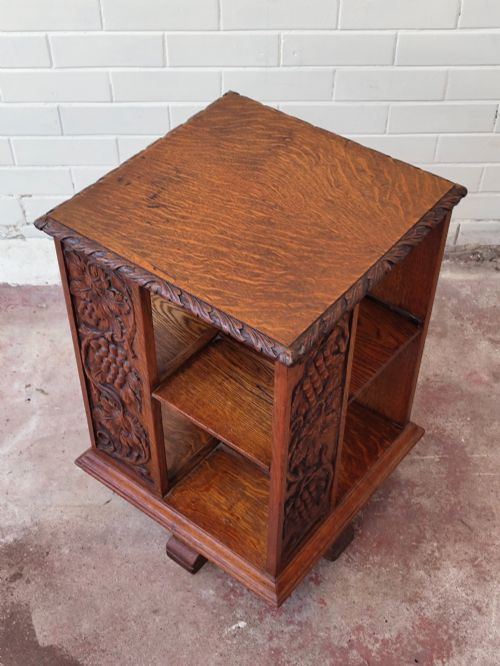 ANTIQUE VICTORIAN CARVED GOLDEN OAK REVOLVING BOOKCASE - ADDITIONAL PHOTO 3