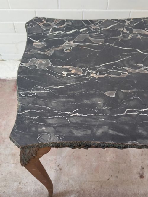 DIMINUTIVE VINTAGE FRENCH GILTWOOD FAUX MARBLE TOP CONSOLE SIDE TABLE - ADDITIONAL PHOTO 13