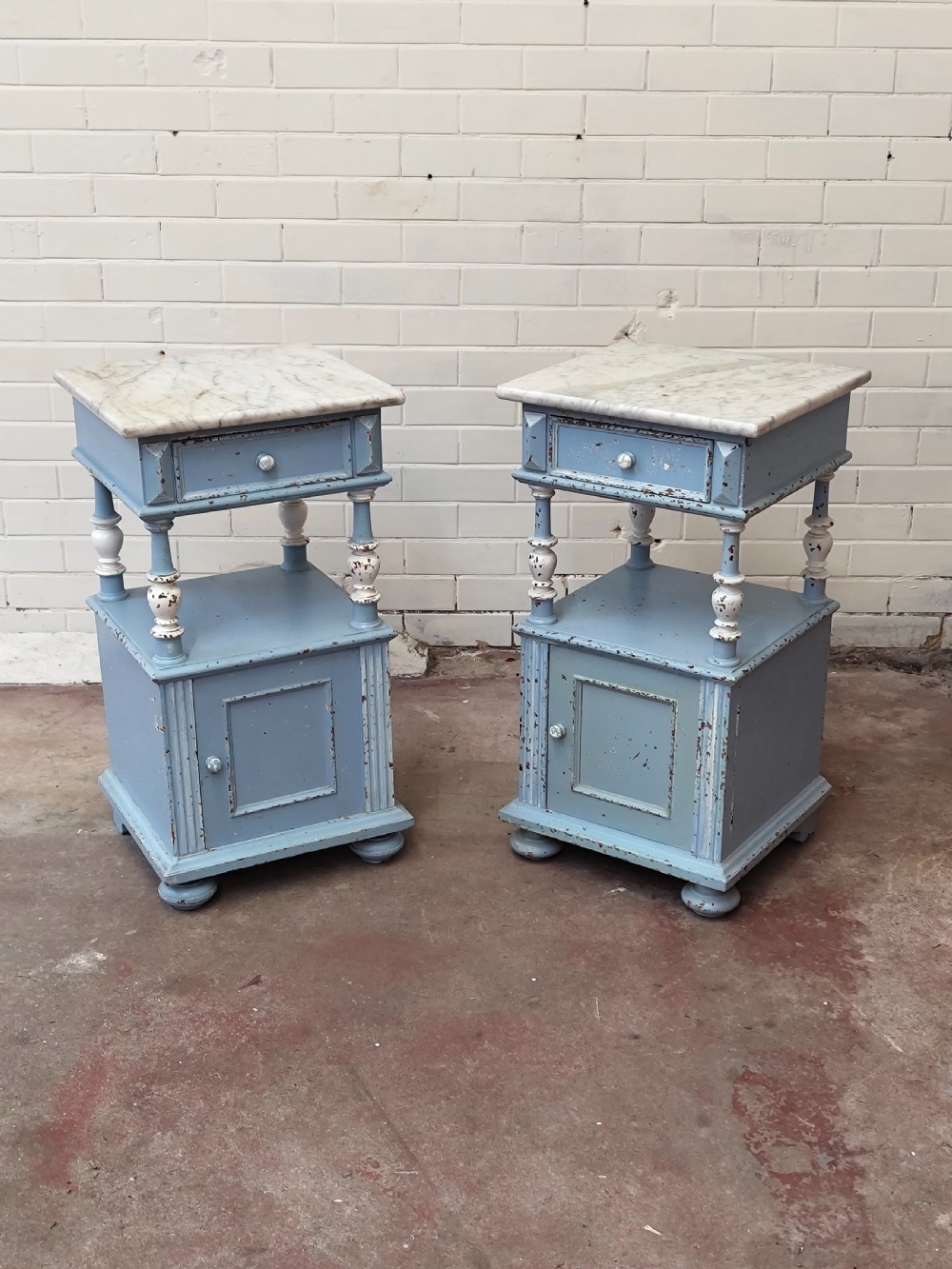 Antique Pair of Painted Chippy Distressed French Bedside lamp Tables Cupboards 