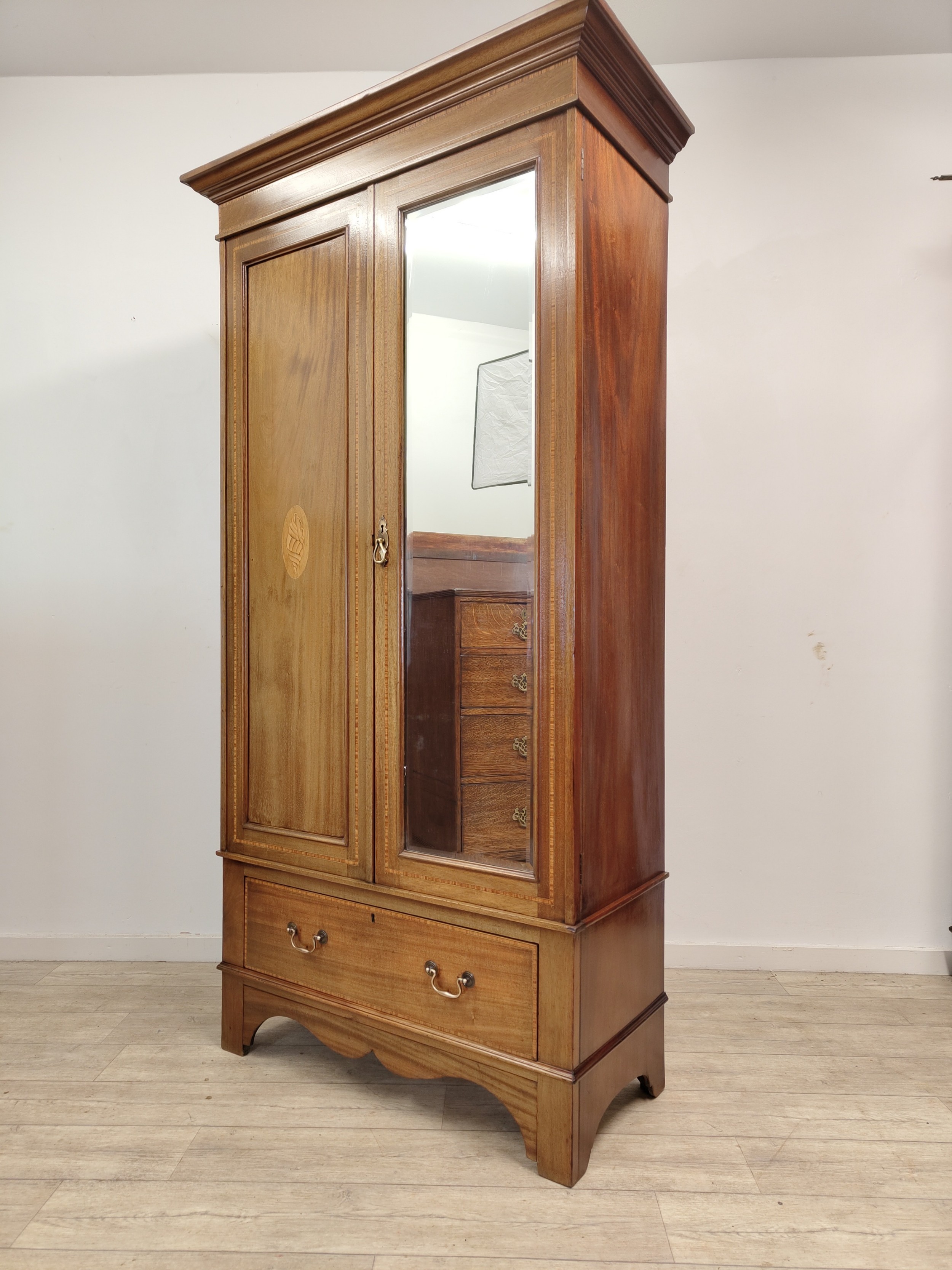 Antique Edwardian Solid Mahogany Inlaid Single Hall Wardrobe Armoire