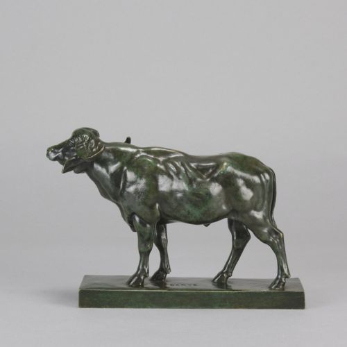 fig 2. A mid-19th-century green patinated bronze sculpture of a standing water buffalo on an integrated rectangular base.