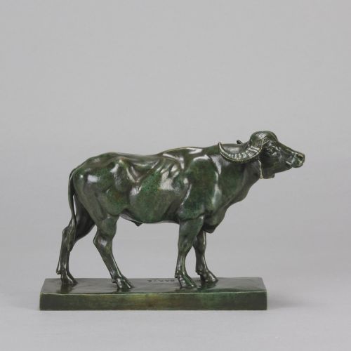 fig 3. A mid-19th-century green patinated bronze sculpture of a standing water buffalo on an integrated rectangular base.