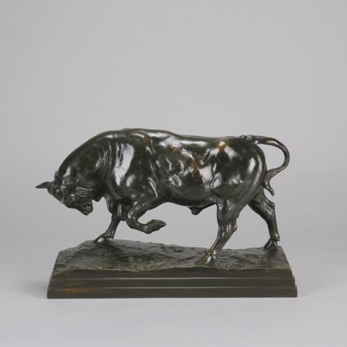 fig 1. A mid-19th-century dark patinated bronze sculpture of a standing bull with muscular details on an integral bronze base.