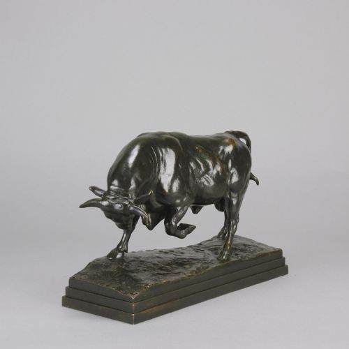 fig 2. A mid-19th-century dark patinated bronze sculpture of a standing bull with muscular details on an integral bronze base.