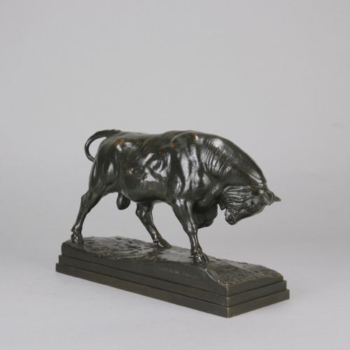 fig 4. A mid-19th-century dark patinated bronze sculpture of a standing bull with muscular details on an integral bronze base.