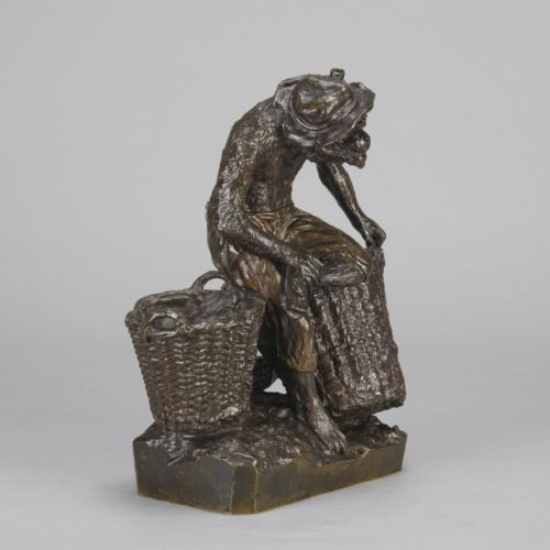 fig 3. A dark patinated bronze sculpture depicting an anthropomorphic monkey wearing trousers and a cap, standing beside two large woven baskets on a rectangular base.