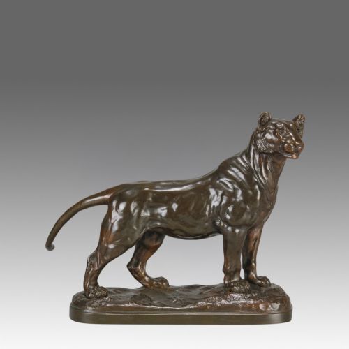 EARLY 20TH CENTURY ANIMALIER BRONZE SCULPTURE STANDING LIONESS BY DONAT MOTTE