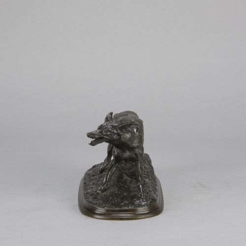 fig 3. A late nineteenth-century dark brown patinated bronze sculpture depicting a snarling fox prowling across a naturalistic base.