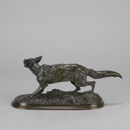 fig 5. A late nineteenth-century dark brown patinated bronze sculpture depicting a snarling fox prowling across a naturalistic base.
