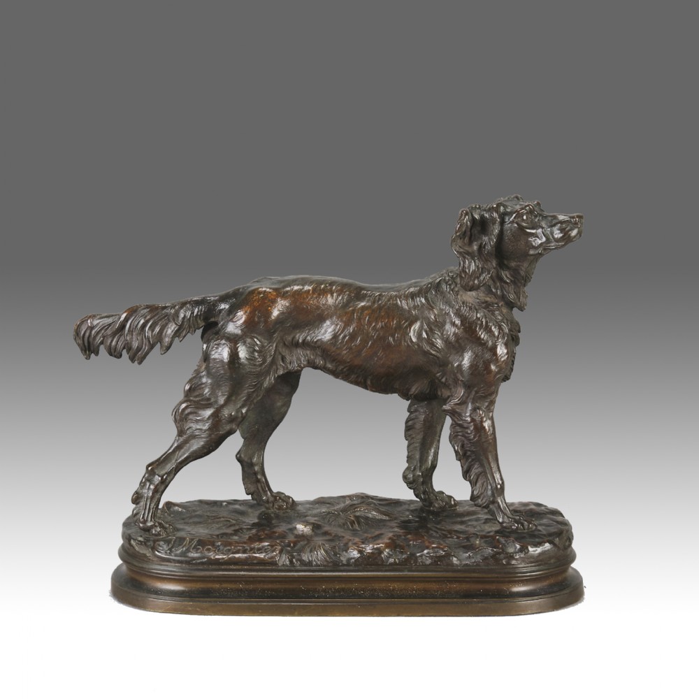 A dark brown patinated bronze sculpture depicting an Irish Setter standing on an oval naturalistic terrain base with a cast signature.