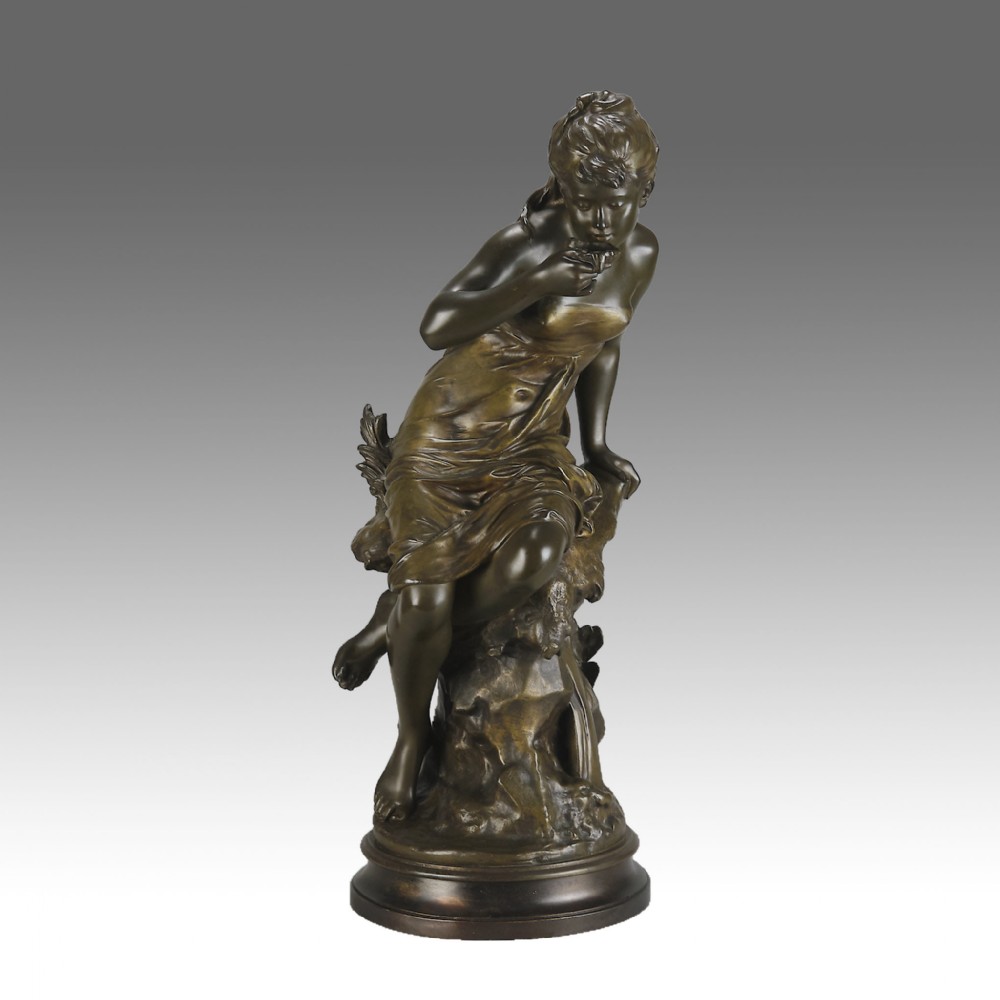 A 19th-century dark bronze sculpture of a draped female figure seated on a rocky outcrop, mounted on a circular moulded base.