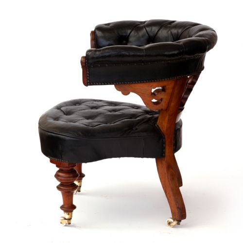 HEAVILY CARVED WALNUT LIBRARY CHAIR WITH ORIGINAL LEATHER COVERING - ADDITIONAL PHOTO 1