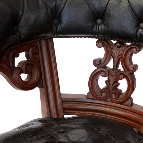 HEAVILY CARVED WALNUT LIBRARY CHAIR WITH ORIGINAL LEATHER COVERING - ADDITIONAL PHOTO 3