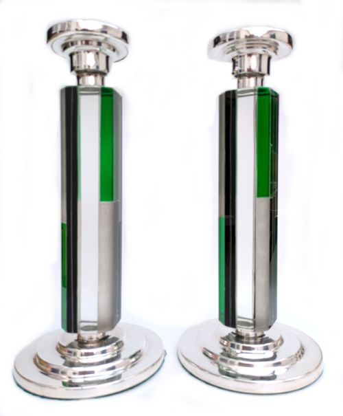 Art Deco Matching Pair of Nickel-silver & Glass Candlesticks, C1930