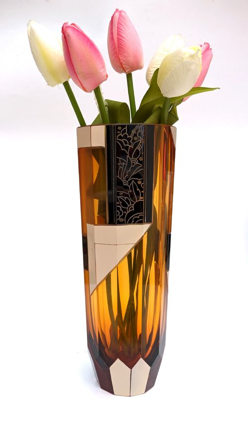 Art Deco Large Czech Amber Glass Vase by Karl Palda, C1930