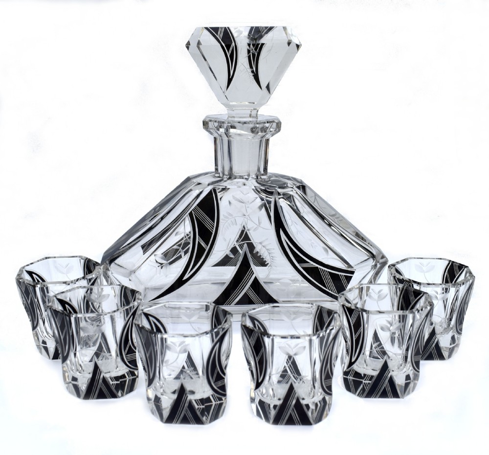 Art Deco 7 Piece Glass Decanter set, By Karl Palda, Czech, c1930