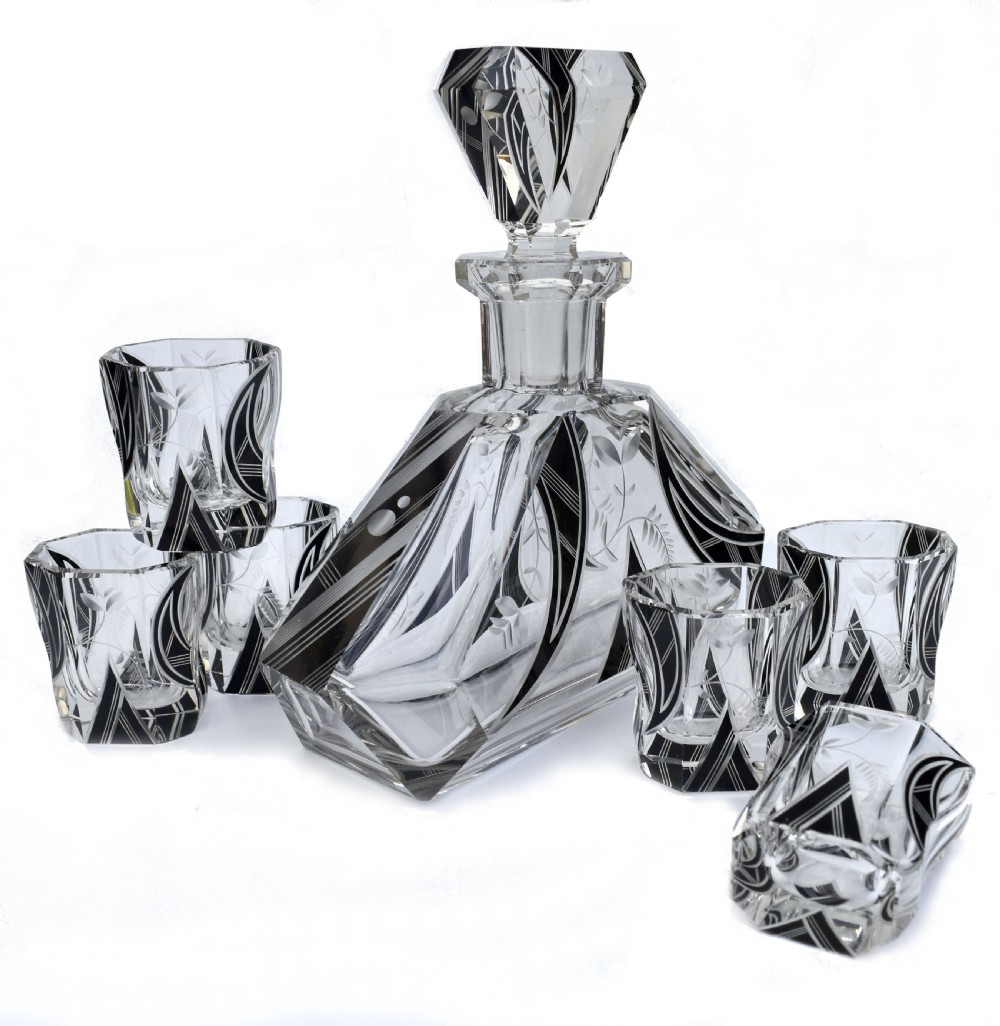 Art Deco 7 Piece Glass Decanter set, By Karl Palda, Czech, c1930 View III
