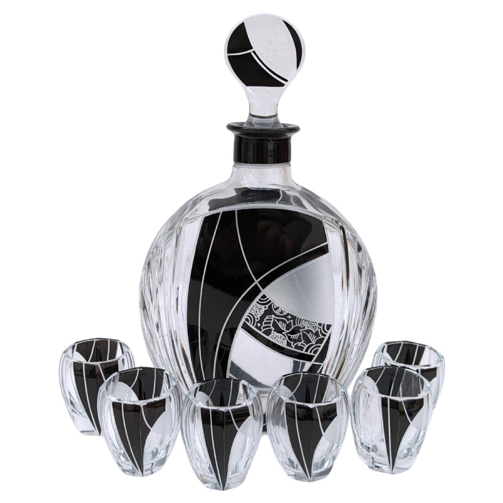 Art Deco 7 Piece Glass Decanter set, By Karl Palda, Czech, c1930