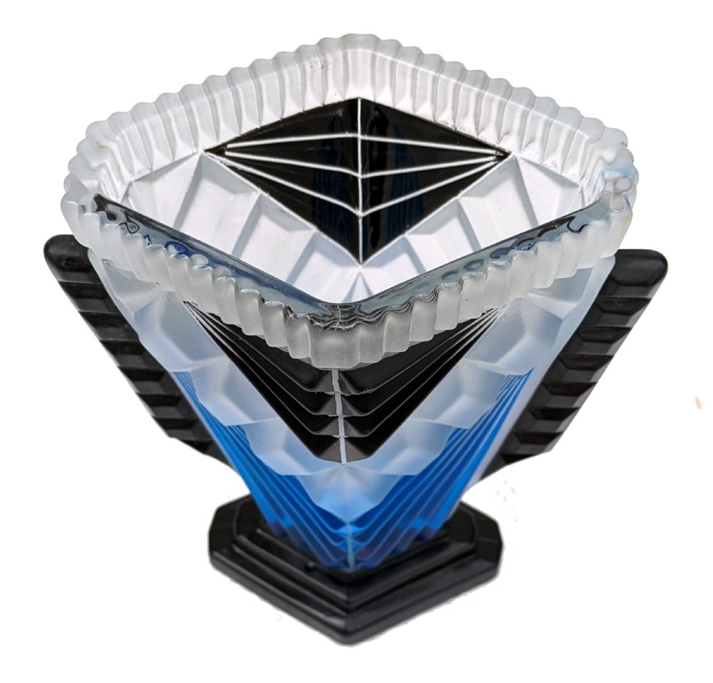 Art Deco Stunning Geometric & Enamel Glass Vase, Czech Republic, C1930 View V