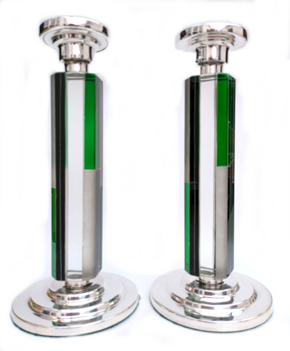Art Deco Matching Pair of Nickel-Silver & Glass Candlesticks, c1930