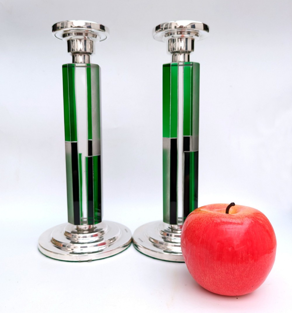 Art Deco Matching Pair of Nickel-Silver & Glass Candlesticks, c1930 View II
