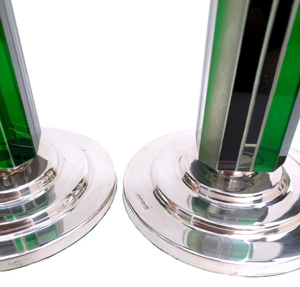Art Deco Matching Pair of Nickel-Silver & Glass Candlesticks, c1930 View III