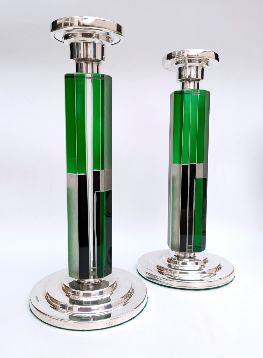 Art Deco Matching Pair of Nickel-Silver & Glass Candlesticks, c1930 View IV