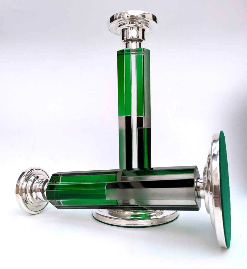 Art Deco Matching Pair of Nickel-Silver & Glass Candlesticks, c1930 View V