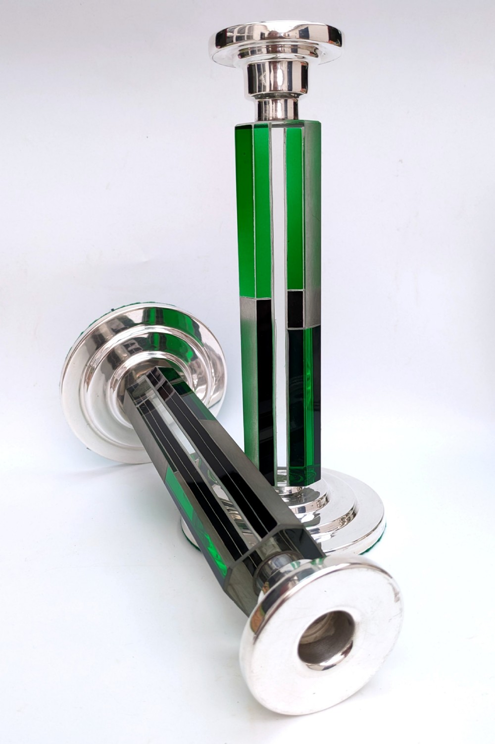 Art Deco Matching Pair of Nickel-Silver & Glass Candlesticks, c1930 View X