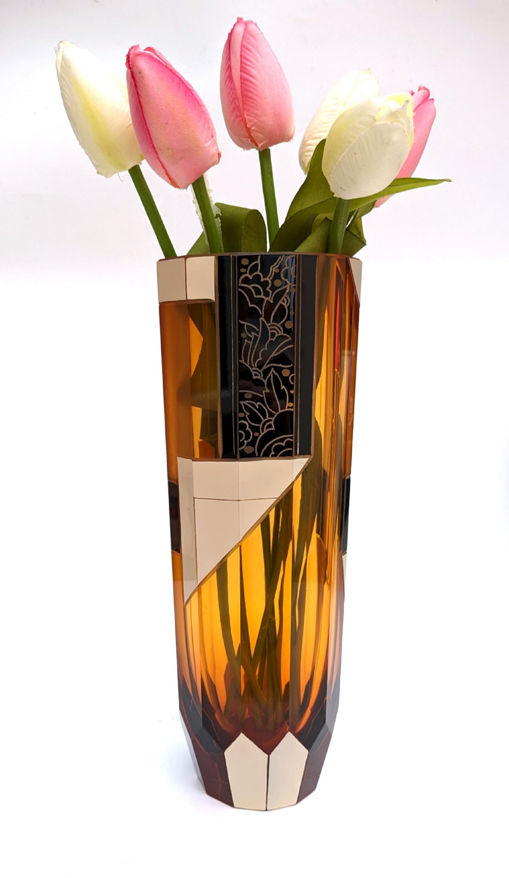 Art Deco Large Czech Amber Glass Vase By Karl Palda, c1930